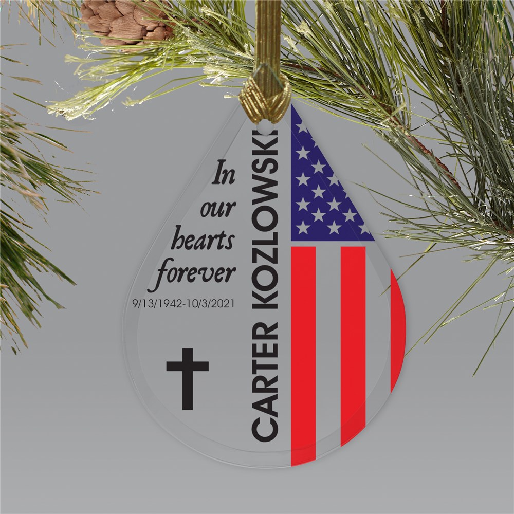Personalized Flag Memorial Tear Drop Glass Ornament | Memorial Ornaments