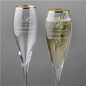 Engraved Mr. and Mrs.Gold Rim Tulip Champagne Flute Set