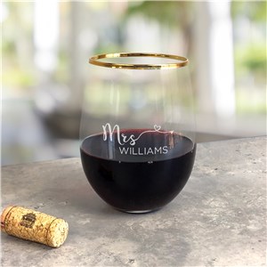 Engraved Mr. and Mrs. Gold Rim Stemless Wine Glass