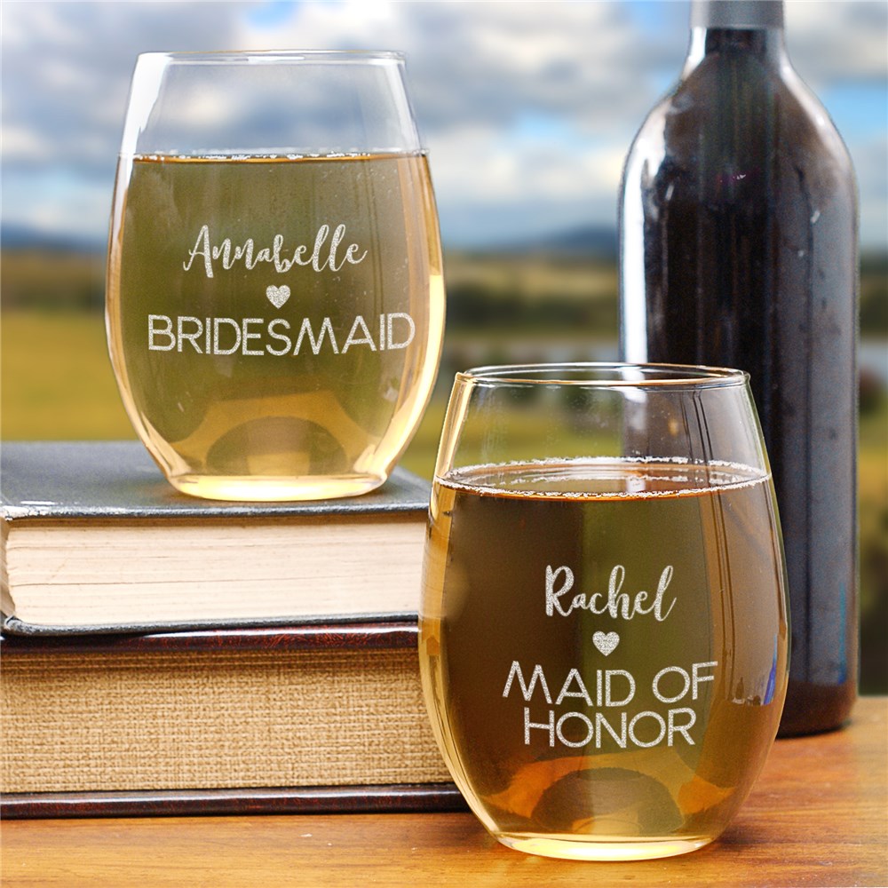 Engraved Bridal Party Stemless Wine Glass | Bridesmaid Gifts Personalized Wine Glasses
