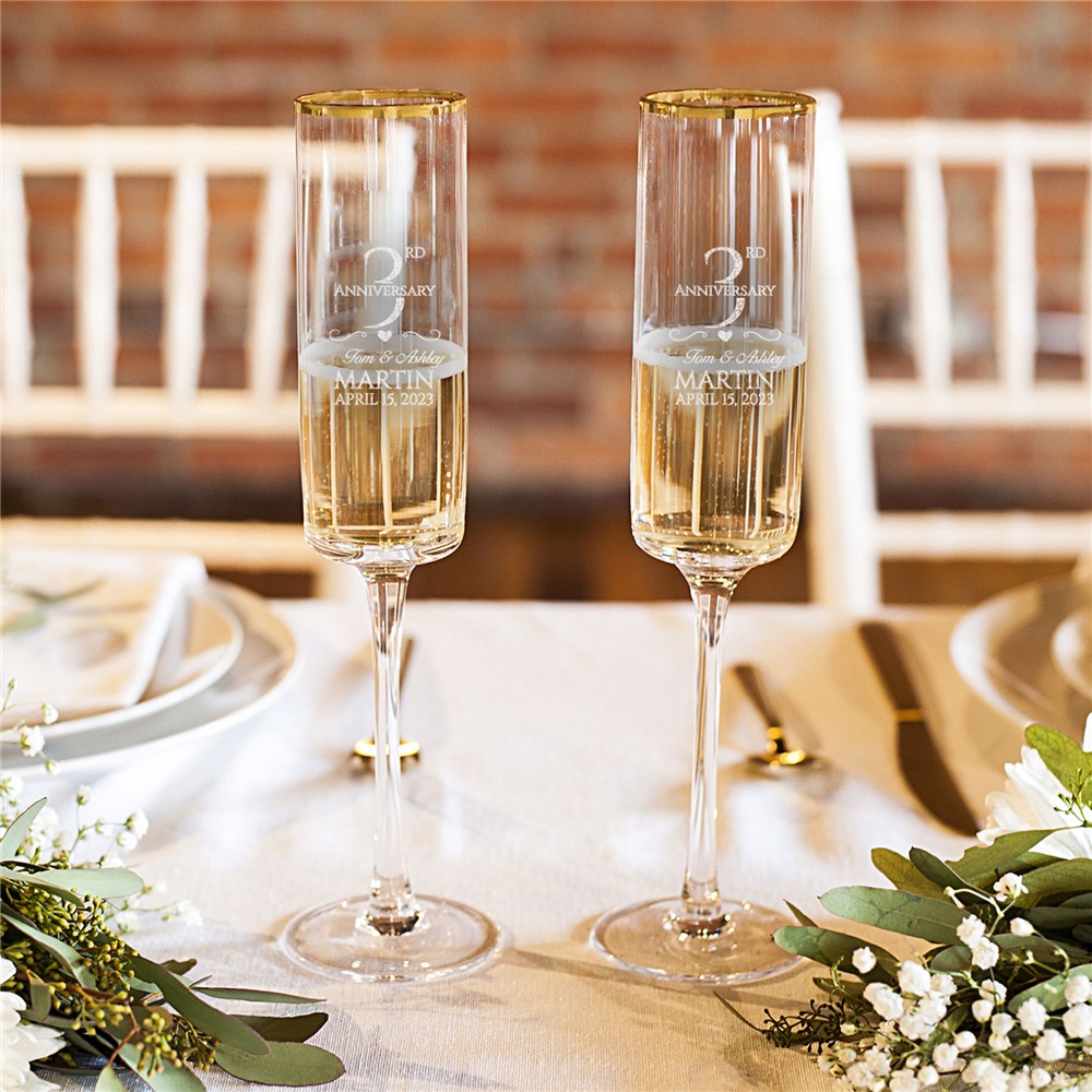 Engraved Wedding Anniversary Gold Rim Champagne Flutes 