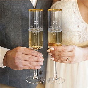 Engraved Wedding Rings Gold Rim Champagne Flutes L12766371