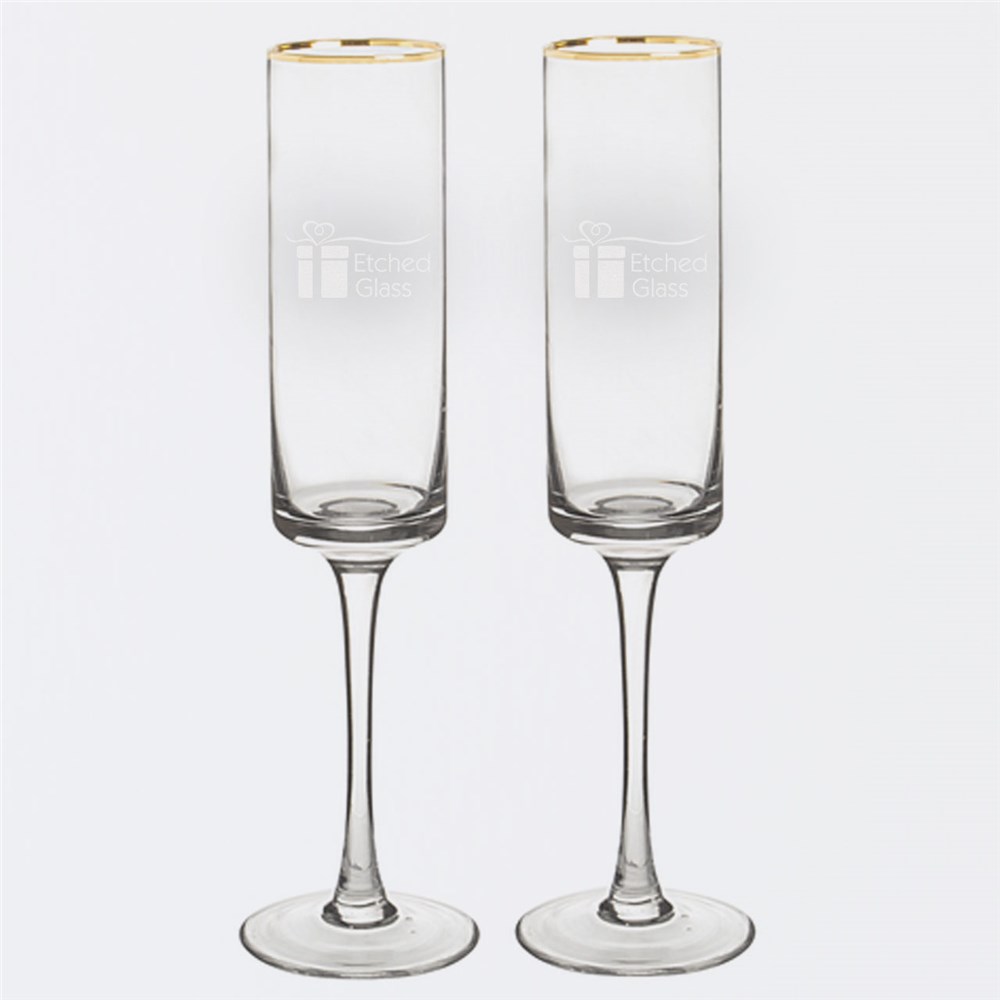 Engraved Wedding Rings Gold Rim Champagne Flutes L12766371