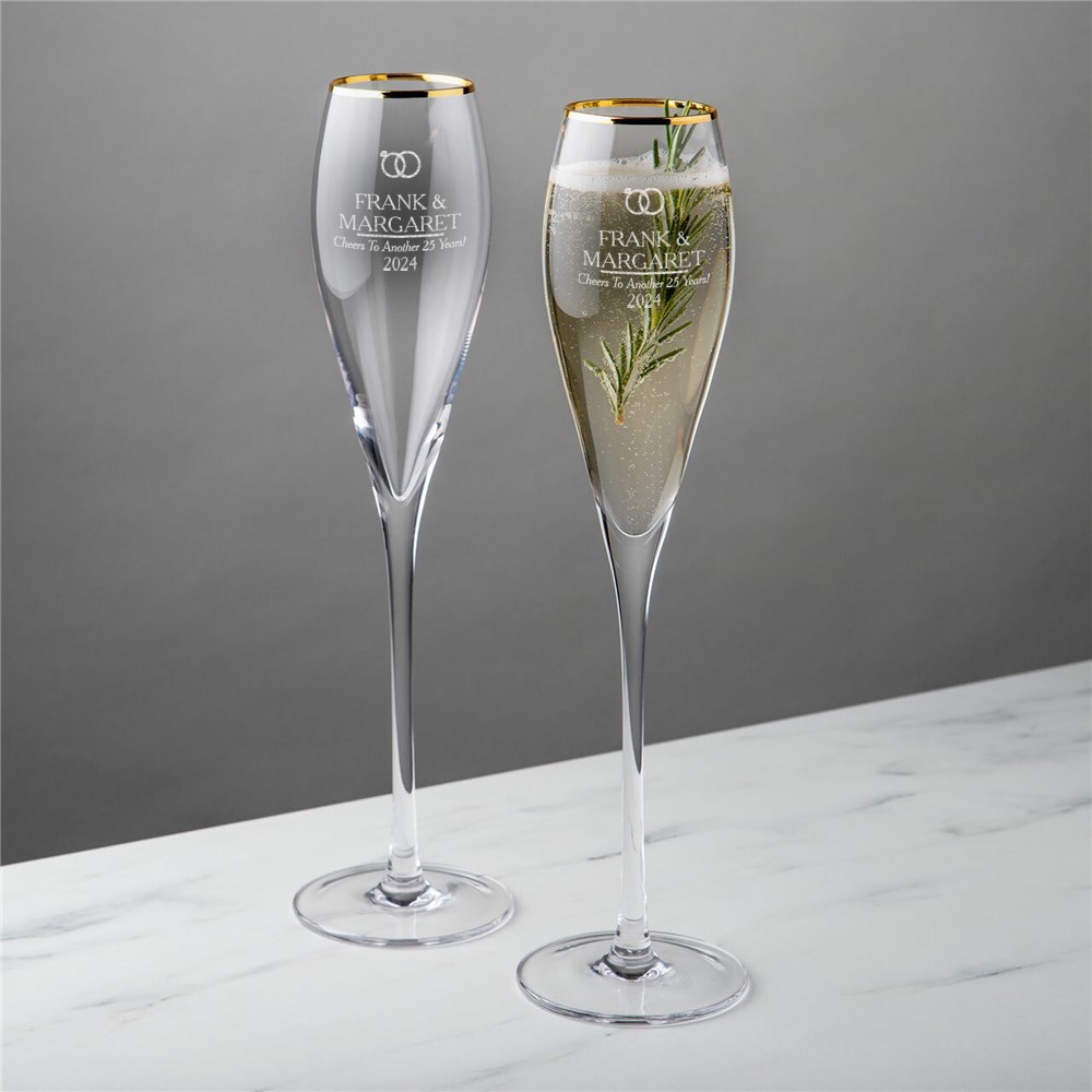 Engraved Wedding Rings Gold Rim Tulip Champagne Flute Set