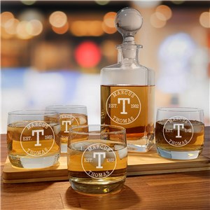 Engraved Circle Initial Luxe Decanter and Whiskey Glass Set L12804387-S4