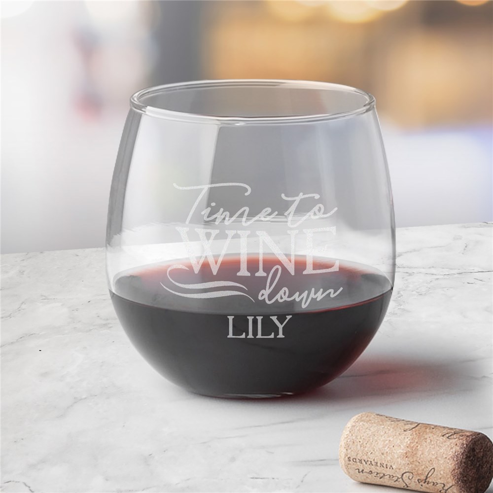 Engraved Time to Wine Down Stemless Red Wine Glass L13211345