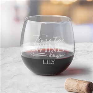 Engraved Time to Wine Down Stemless Red Wine Glass L13211345