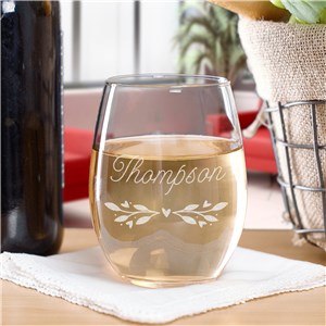 Personalized Partial Wreath With Family Name Stemless Wine Glass | Personalized Wine Glasses 