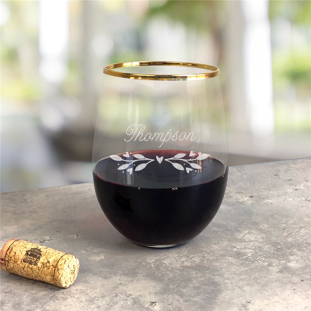 Custom Gold Rim Stemless Wine Glass With Wreath Design