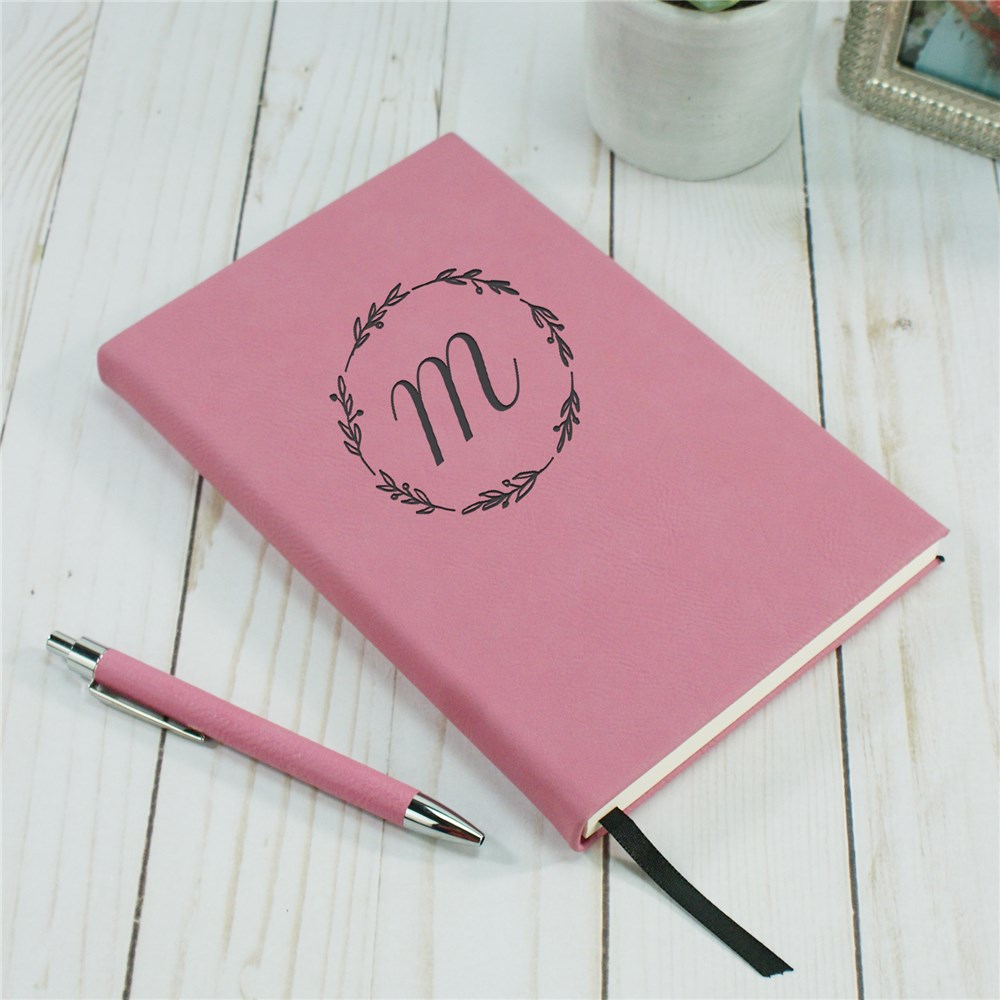 Initial In Wreath Personalized Leather Journal GiftsForYouNow