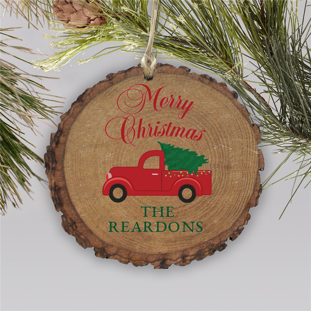 Red Truck Merry Christmas Or Happy Holidays Rustic Personalized Ornament | Personalized Ornaments