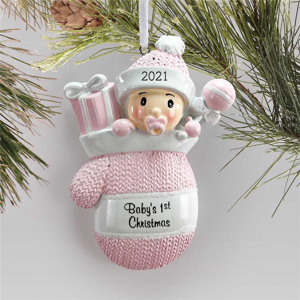Personalized Pink Mitten Baby Holiday Ornament