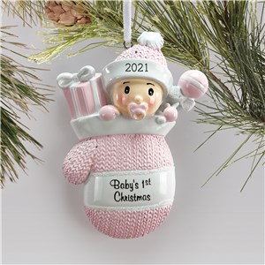 Personalized Pink Mitten Baby Holiday Ornament