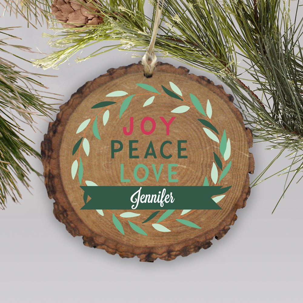 Joy Peace Love Personalized Wood Holiday Ornament | GiftsForYouNow