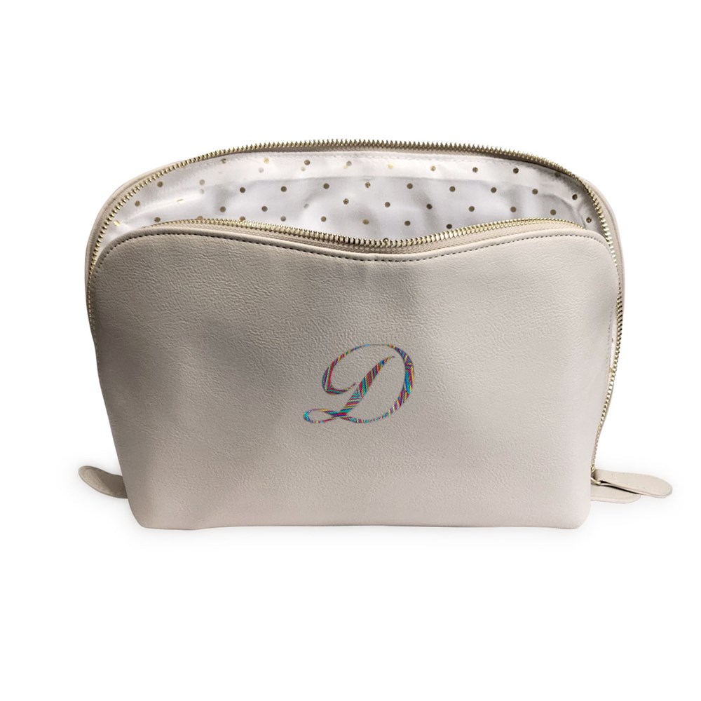 Embroidered Initials Vegan Leather Toiletry Bag with Rainbow Thread