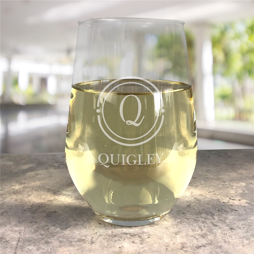 Engraved Circle Initial Contemporary Stemless Wine Glass L14773342