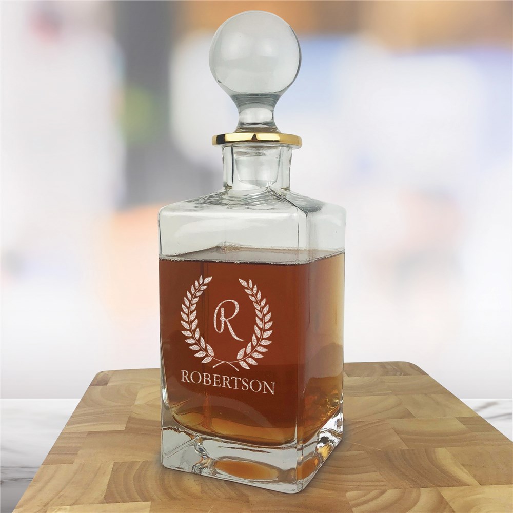 Engraved Initial In Wreath Gold Rim Decanter 
