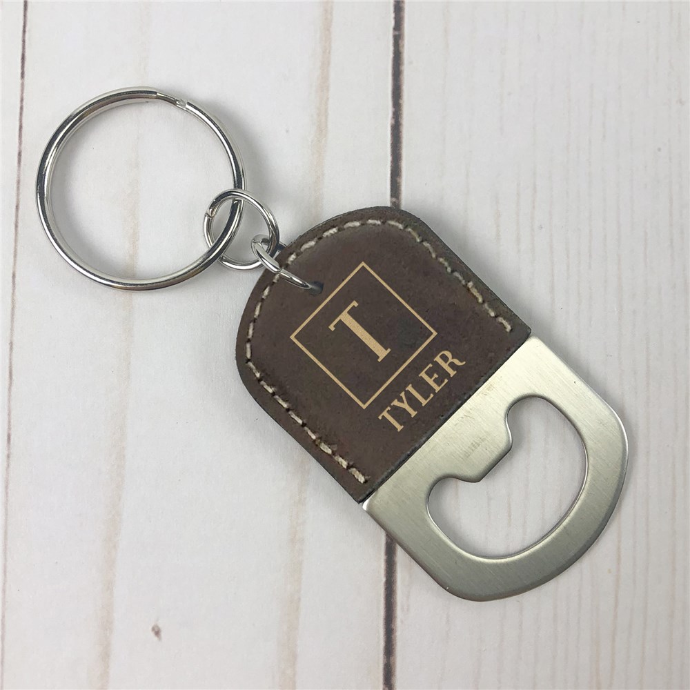 Engraved Bottle Opener Keychain | Personalized Name Faux Leather Keychains