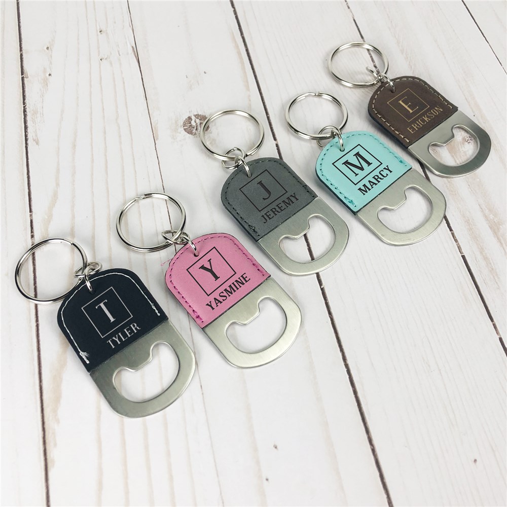 Engraved Bottle Opener Keychain | Personalized Name Faux Leather Keychains
