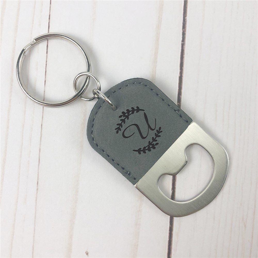Engraved Bottle Opener Keychain | Wreath Initial Keychain