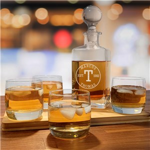 Engraved Circle Initial Luxe Decanter and Non Personalized Whiskey Glass Set L15717387-S4
