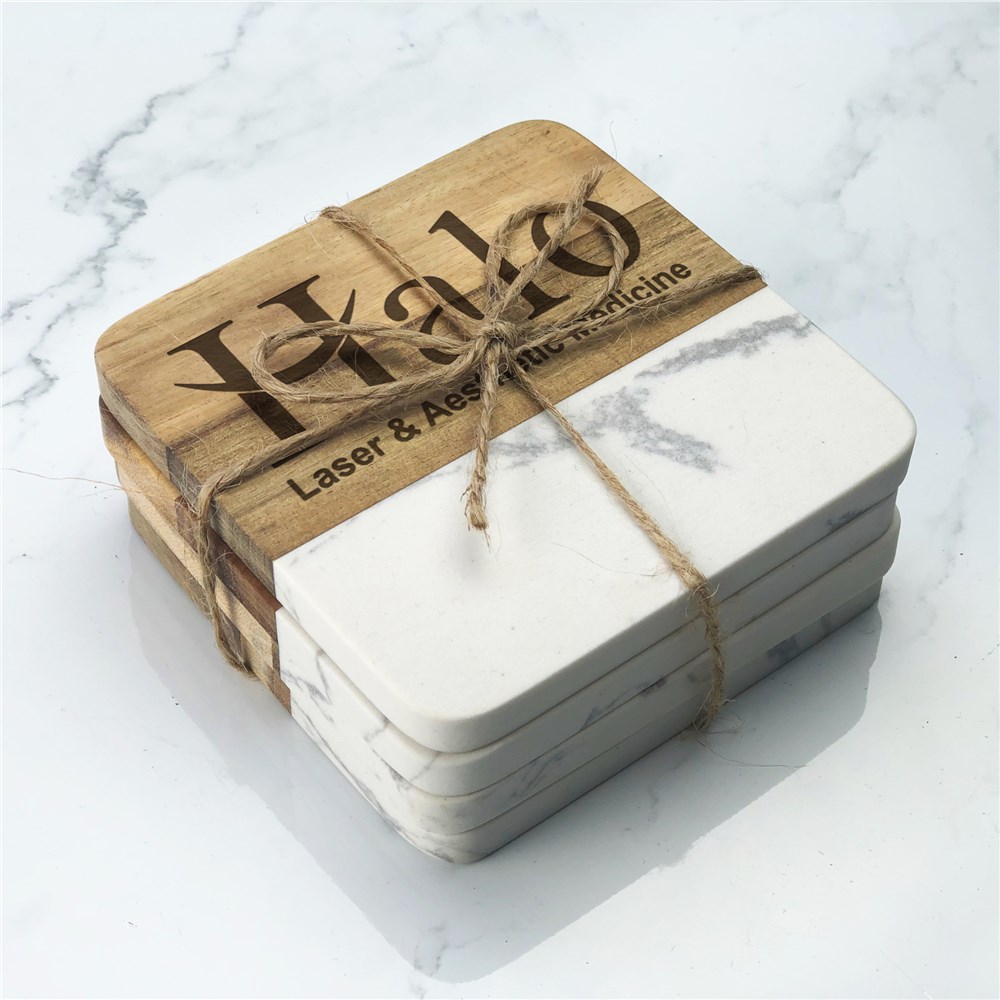 Engraved Corporate Marble & Acacia Coasters L15759337