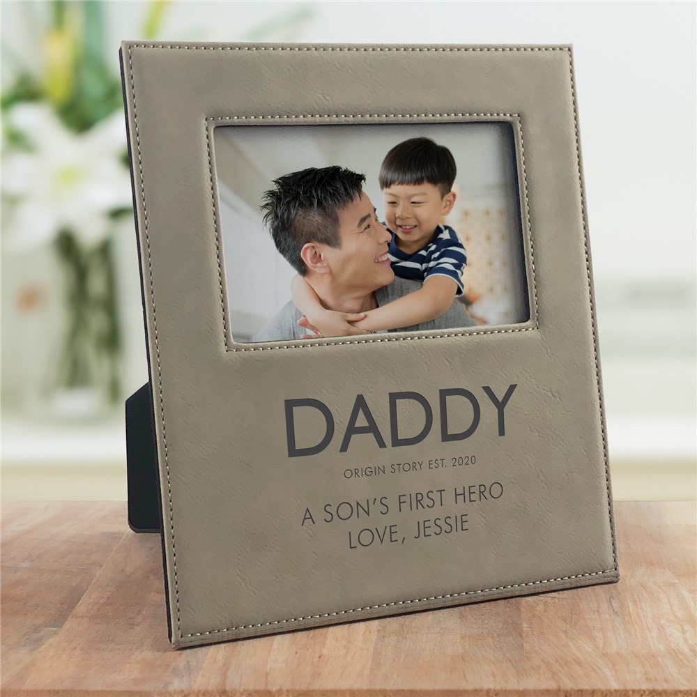 Engraved Dad's Origin Story Leather Frame
