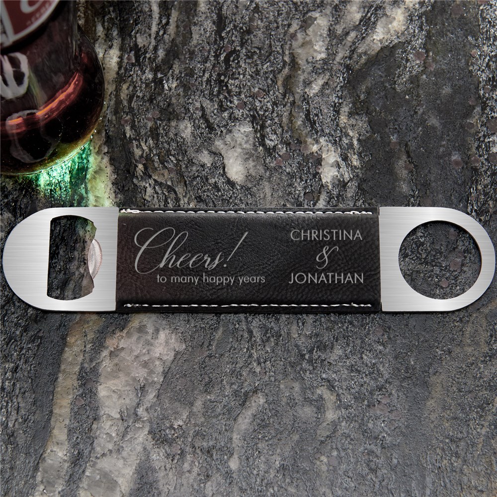 Personalized Cheers to Many Happy Years Leather Bottle Opener
