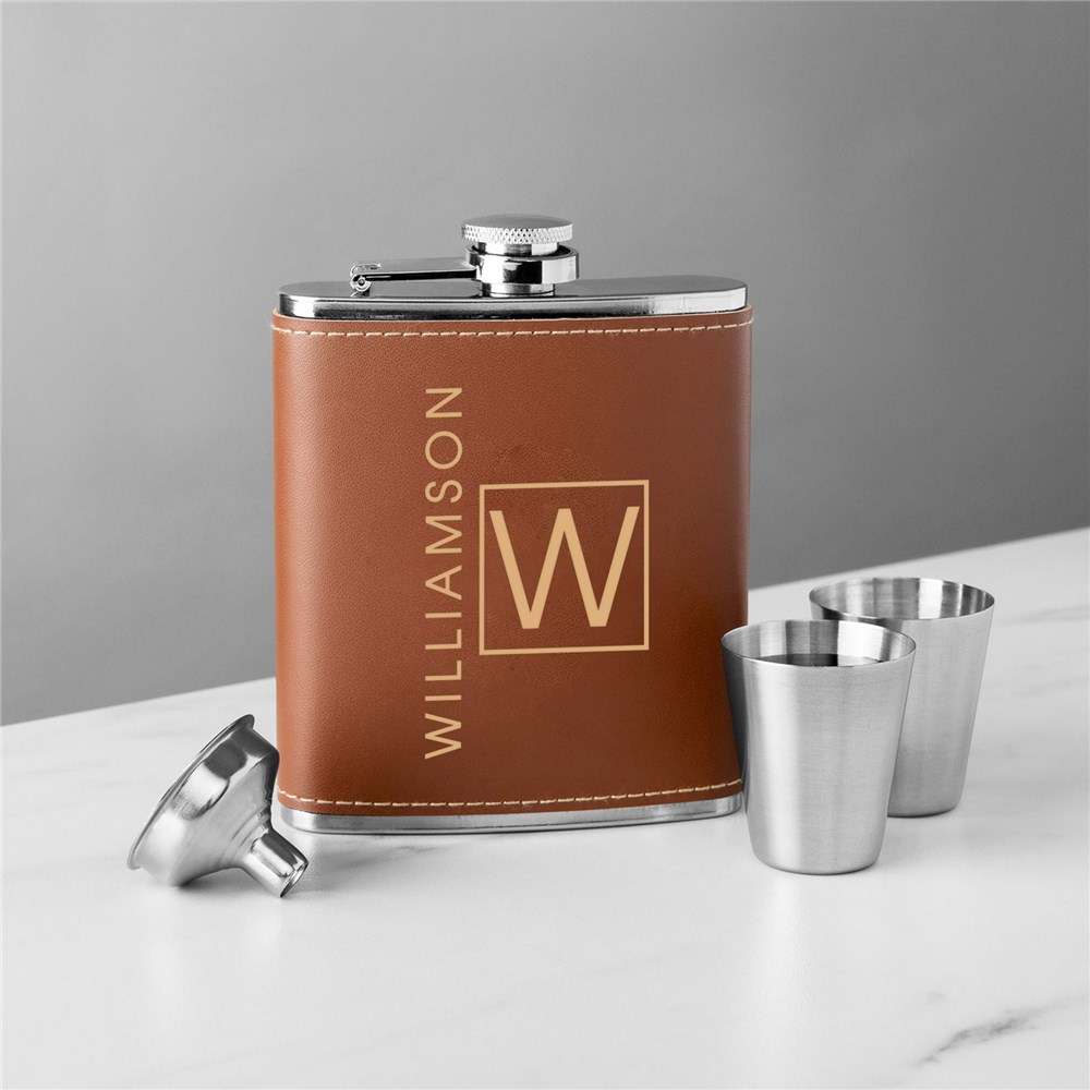 Engraved Name and Initial Leather Flask Set