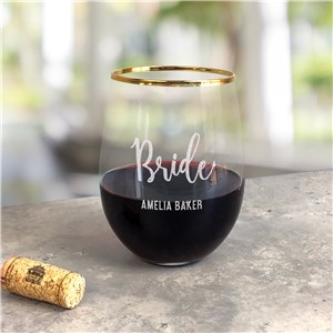 Personalized Groom & Bride Wedding Gold Rim Stemless Wine Glass L16948362