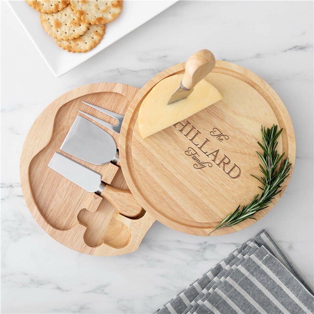 Engraved Family Name Script and Serif Cheese Board Set