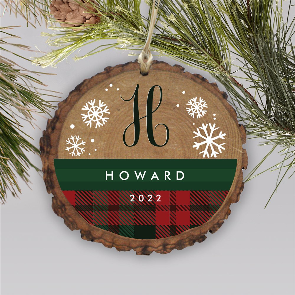 Personalized Plaid Snowflakes Wood Ornament