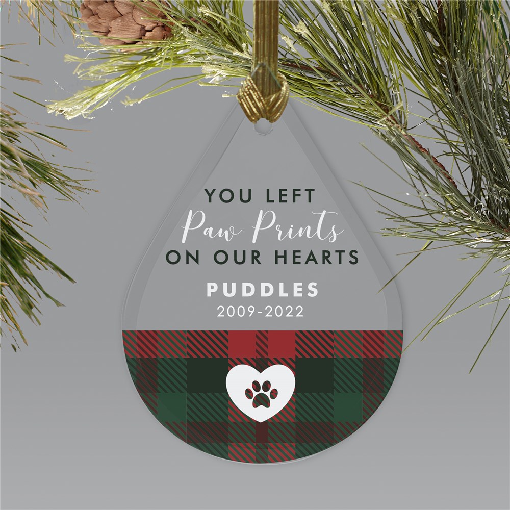 Personalized Plaid Pawprints On Our Hearts Tear Drop Ornament