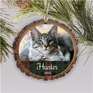 Personalized Plaid Pet Photo Wood Ornament