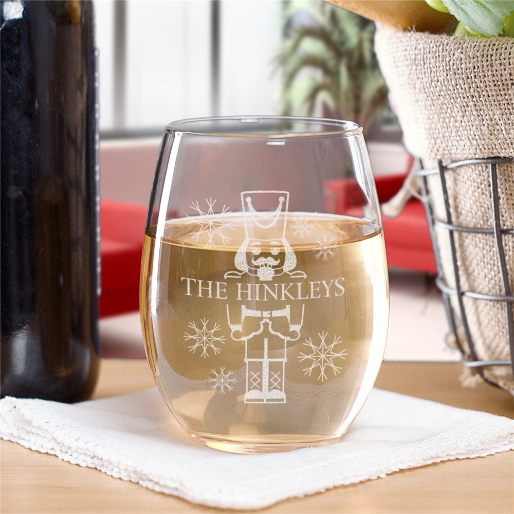 Engraved Nutcracker Stemless Wine Glass