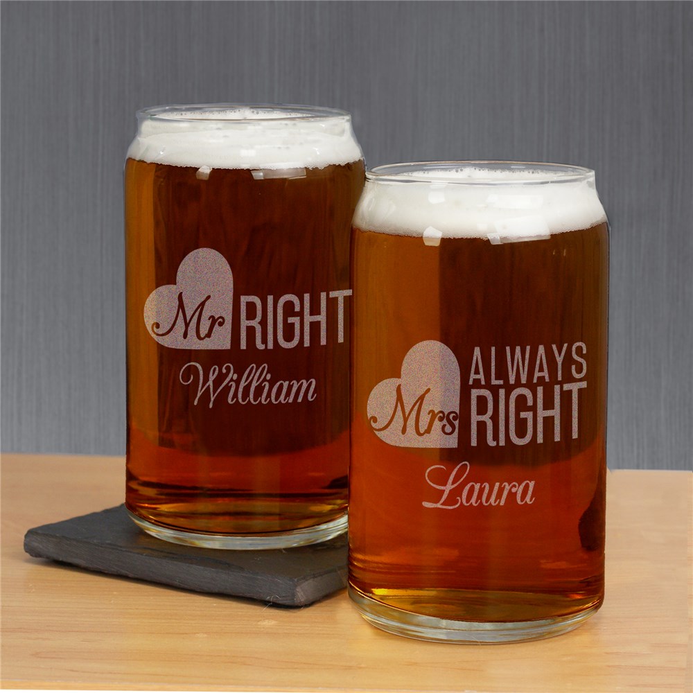 Engraved Mr. & Mrs. Right Beer Can Glass Set