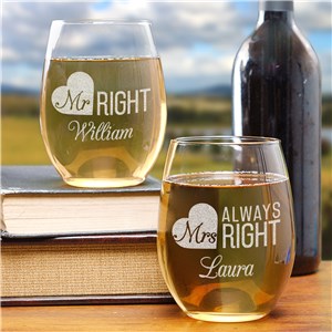Engraved Mr. & Mrs. Right Stemless Wine Glass Set