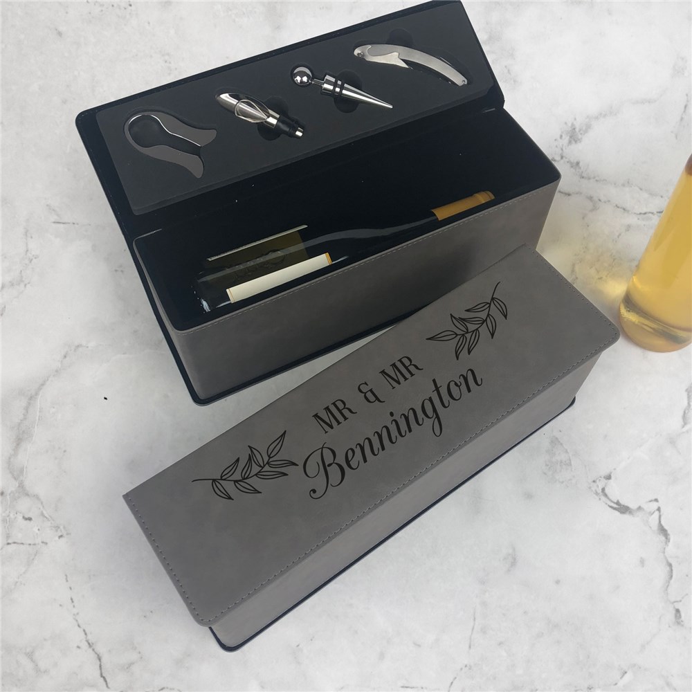 Engraved Mr. and Mrs. with Leaves Wedding Wine Box