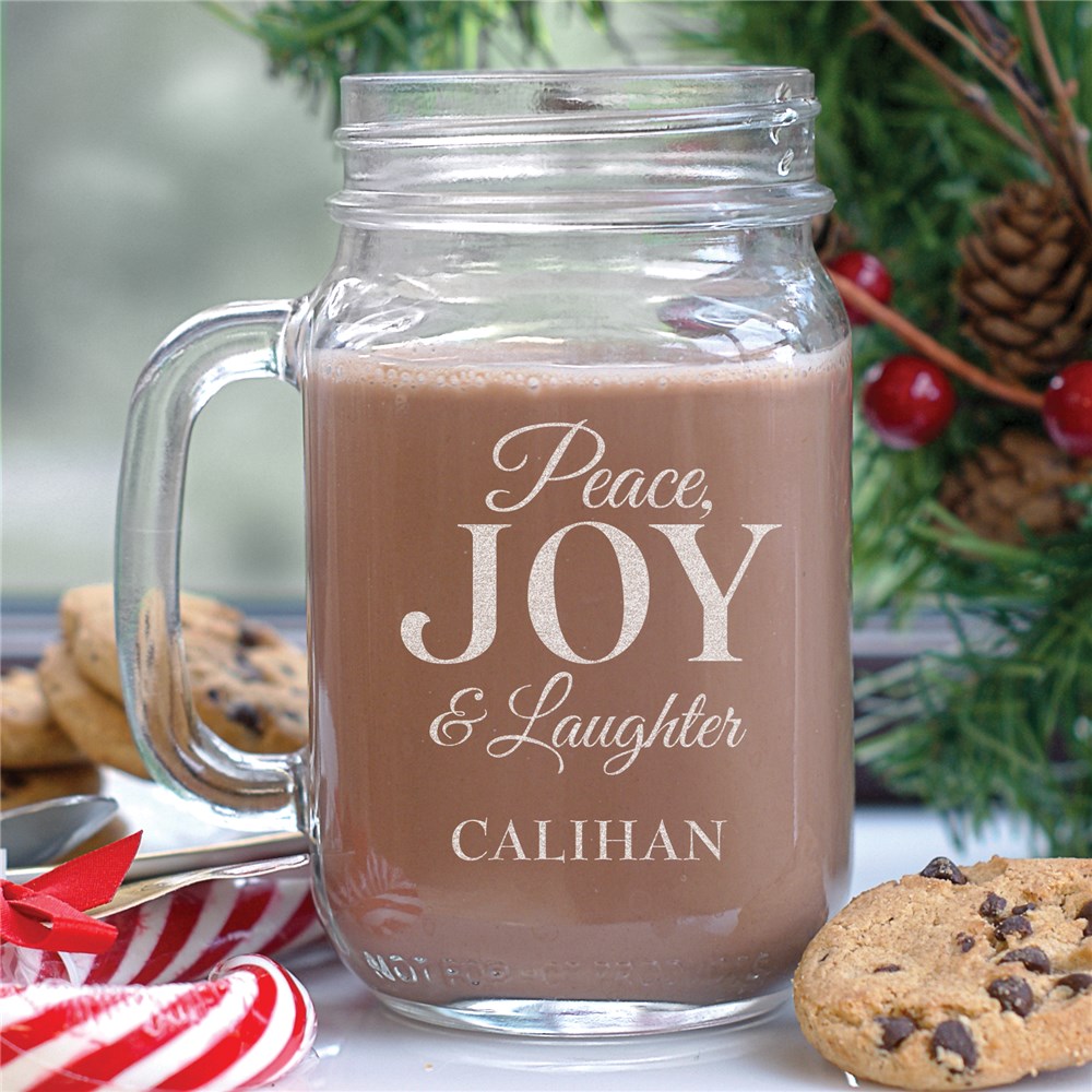 Engraved Peace Joy & Laughter Christmas Mason Jar