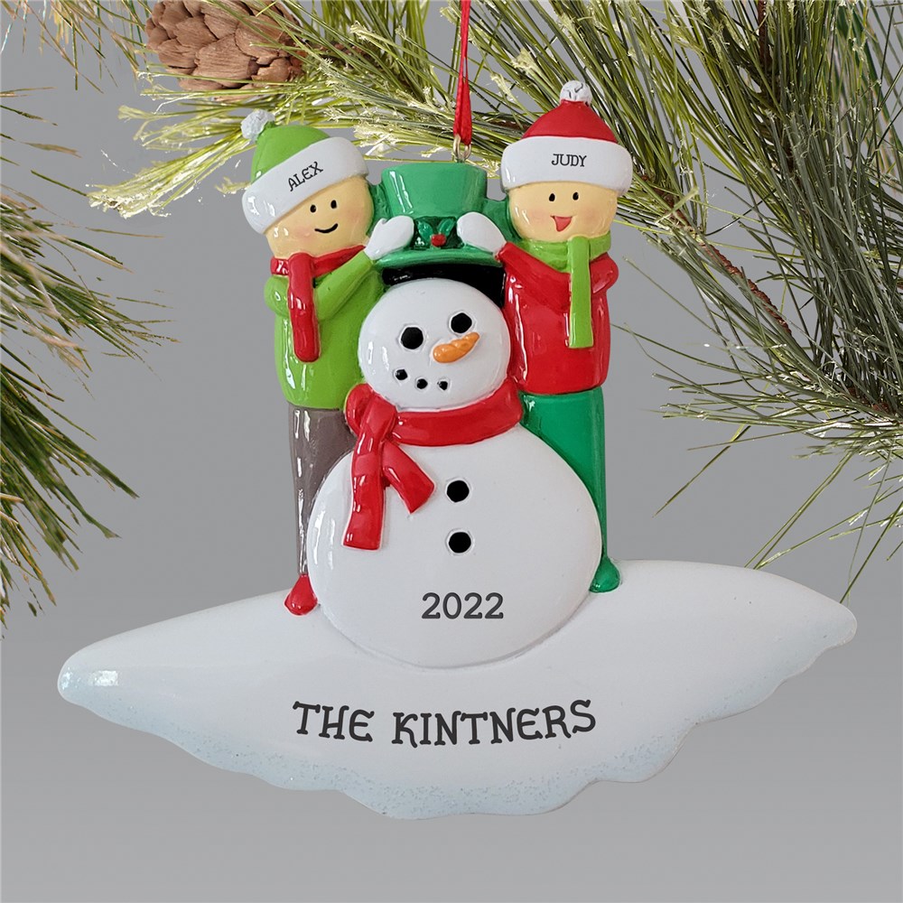 Personalized Green Hat Family Building Snowman Christmas Ornament