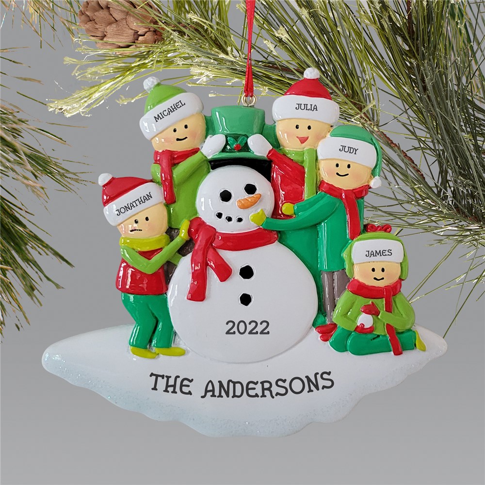 Personalized Green Hat Family Building Snowman Christmas Ornament