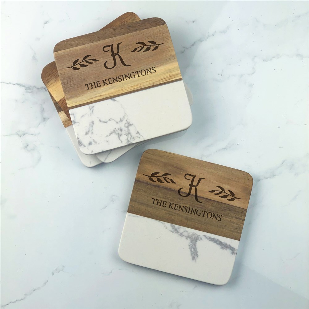 Engraved Marble & Acacia Coasters with Initial and Leaf Design
