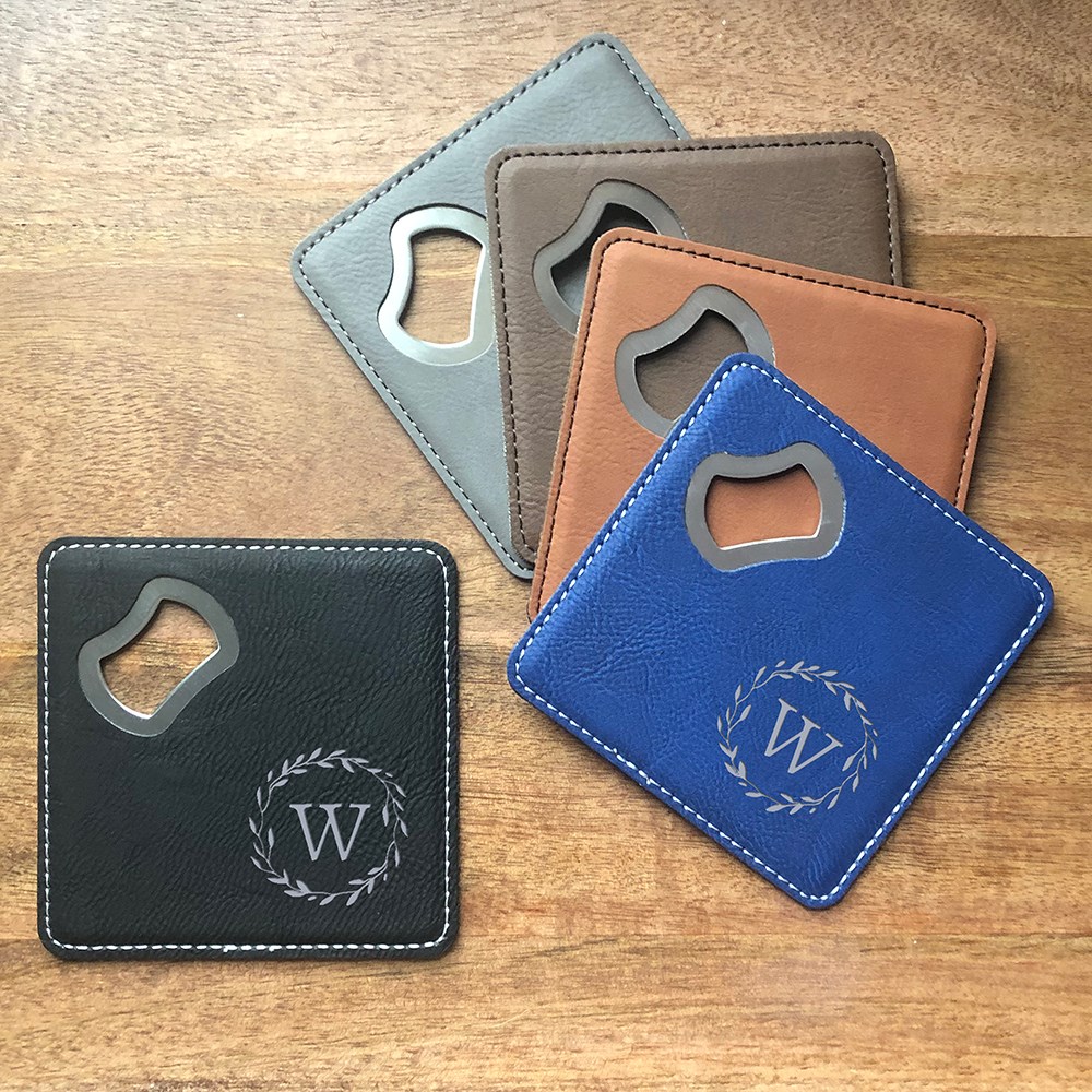 Engraved Bottle Opener Coaster with Initial in Wreath Design
