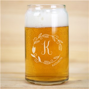 Engraved Floral Wreath Beer Can Glass