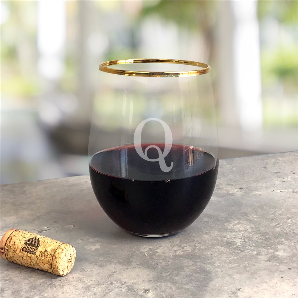Engraved Initial Gold Rim Stemless Wine Glass L19009362