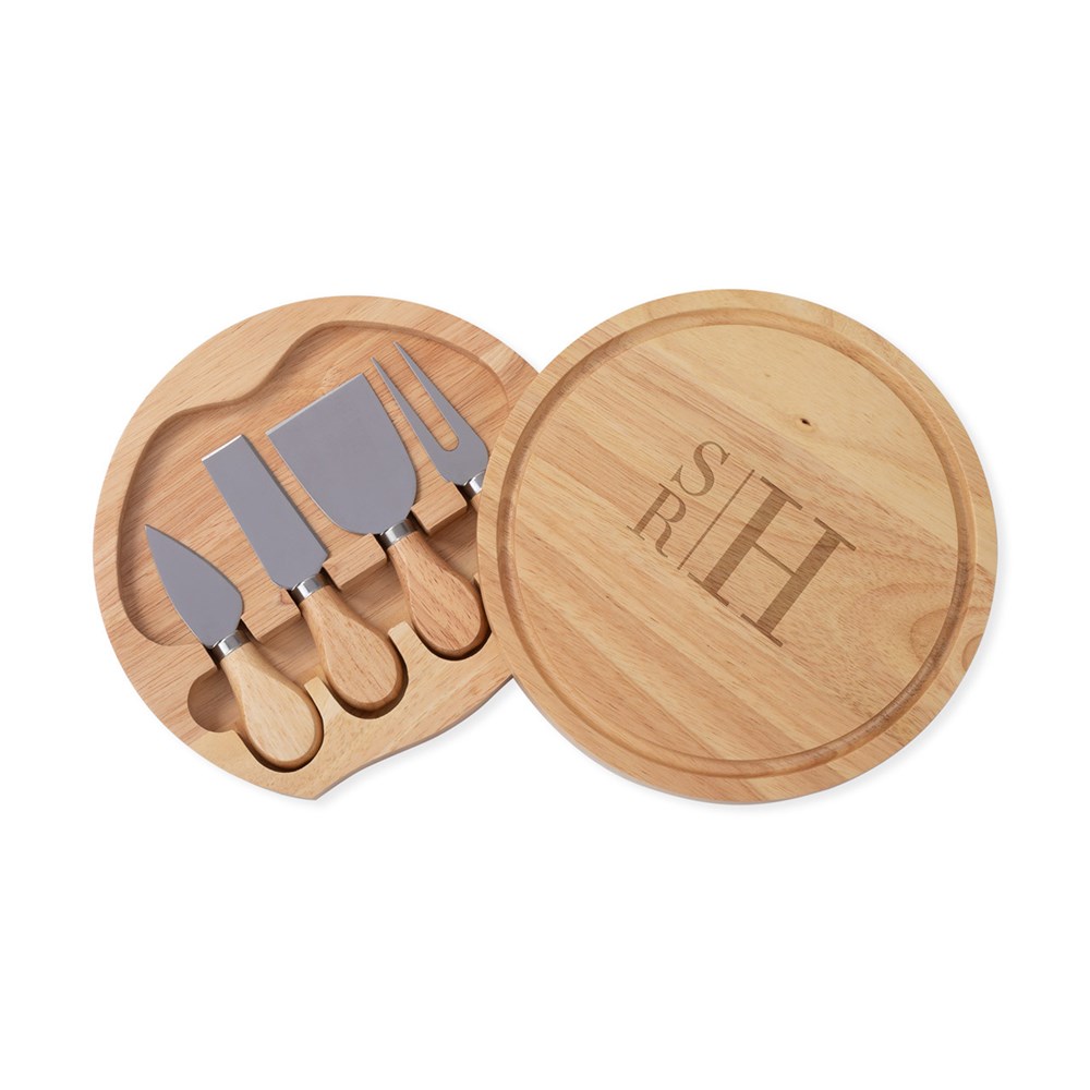 Engraved Wooden Cheese Board and Knife Set with Monogram