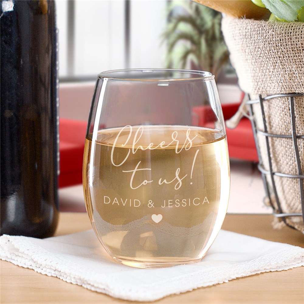 Engraved Cheers to Us Stemless Wine Glass for Couple
