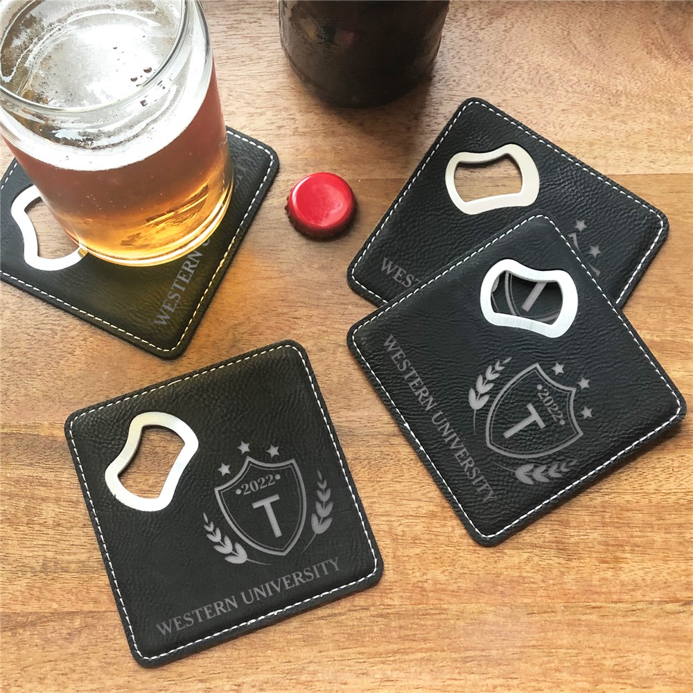 Engraved Bottle Opener Coaster for Graduate with Initials