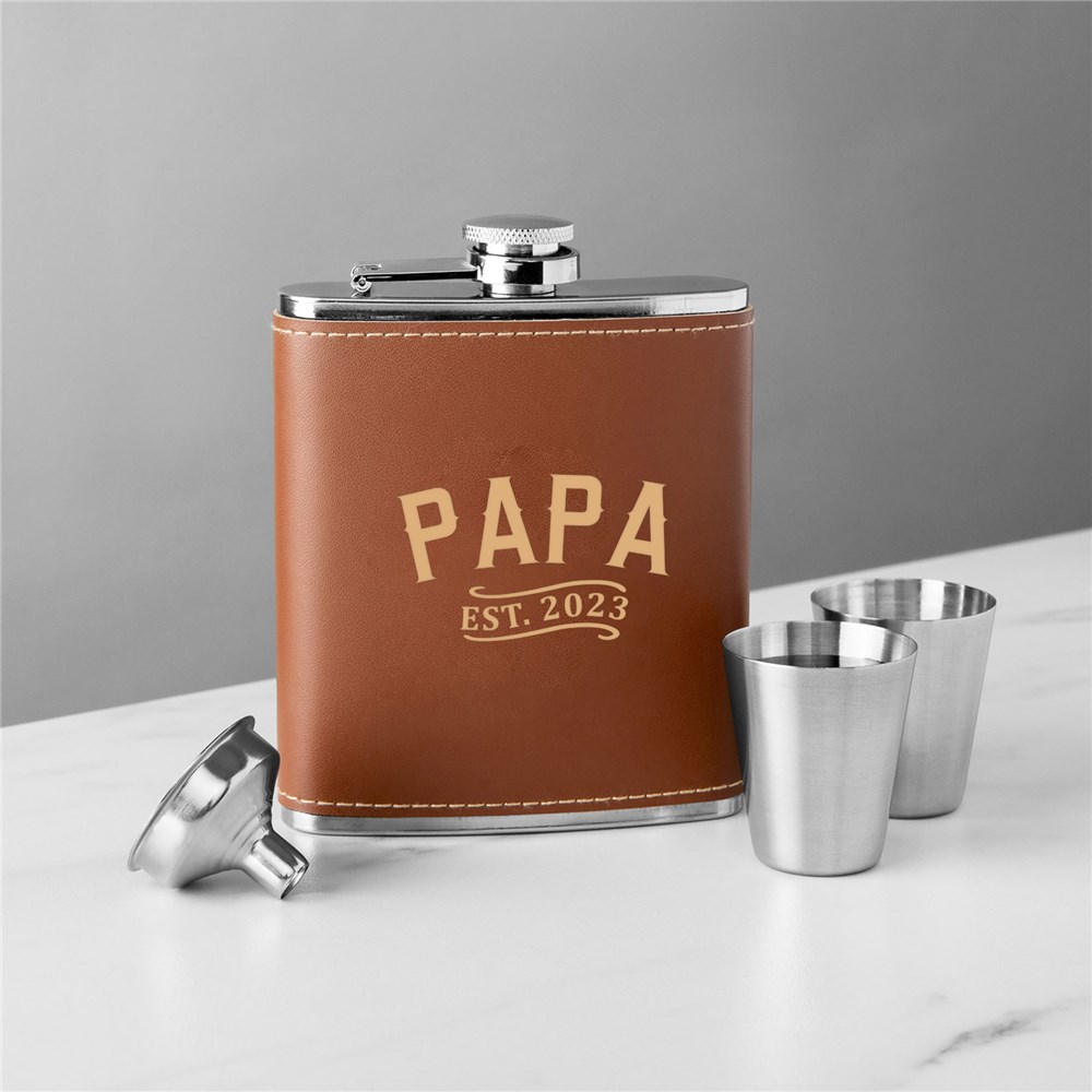 Engraved Dad Established Leather Flask Set