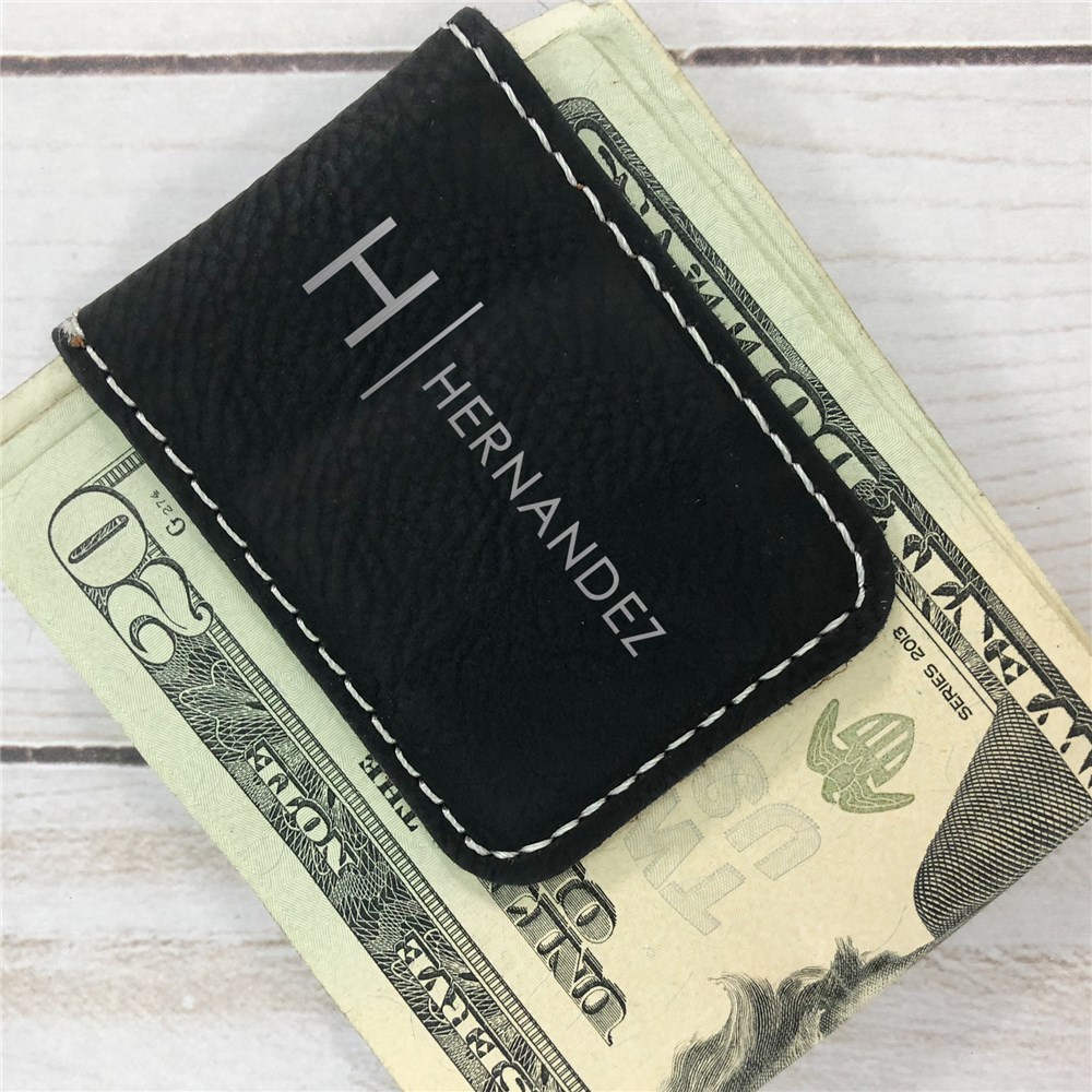 Engraved Leatherette Money Clip with Name and Initial